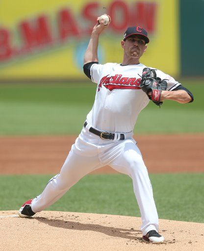 Cleveland Indians Shane Bieber pitches in the first inning against the New York Yankees in Cleveland, Ohio on June 9, 2019. Photo by Aaron Josefczyk\/