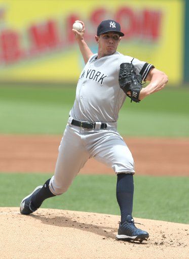 New York Yankees Chad Green pitches in the first inning against the Cleveland Indians in Cleveland, Ohio on June 9, 2019. Photo by Aaron Josefczyk\/
