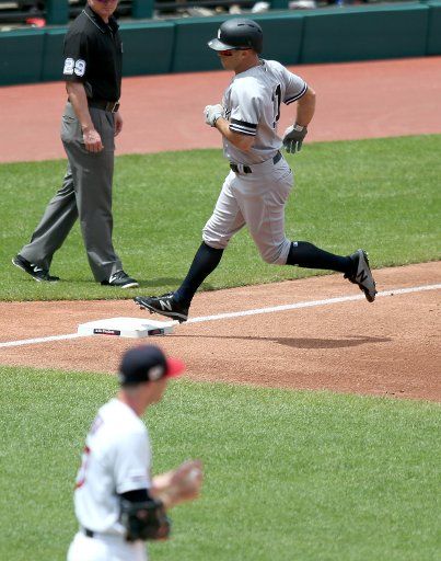 New York Yankees Brent Gardner rounds thrid base after hitting a two run home run off of Cleveland Indians Shane Bieber n the second inning in Cleveland, Ohio on June 9, 2019. Photo by Aaron Josefczyk\/