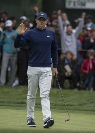 Rory McIlroy celebrates a birdie on the 15th hole on day three of the U.S. Open in Pebble Beach, California on June 15, 2019. Woodland leads th field with a -11 going into the final day. Photo by Terry Schmitt\/