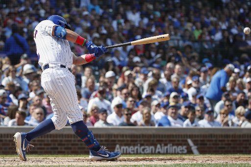 Chicago Cubs left fielder Kyle Schwarber singles against the Milwaukee Brewers in the fourth inning at Wrigley Field on Saturday, August 31, 2019 in Chicago. Photo by Kamil Krzaczynski\/