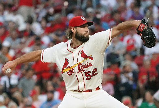 St. Louis Cardinals starting pitcher Michael Wacha delivers a pitch to the Cincinnati Reds in the second inning in Game 2 of their double header at Busch Stadium in St. Louis on Saturday, August 31, 2019. Photo by Bill Greenblatt \/