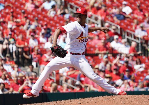 St. Louis Cardinals pitcher Genesis Cabrera delivers a pitch to the San Francisco Giants in the sixth inning at Busch Stadium in St. Louis on Thursday, September 5, 2019. St. Louis defeated San Francisco, 10-0. Photo by Bill Greenblatt\/