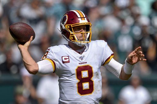 Washington Redskins quarterback Case Keenum (8) throws the ball during the second half against the Philadelphia Eagles at Lincoln Financial Field in Philadelphia on Sept. 8, 2019. The Eagles won 32-27. Photo by Derik Hamilton\/
