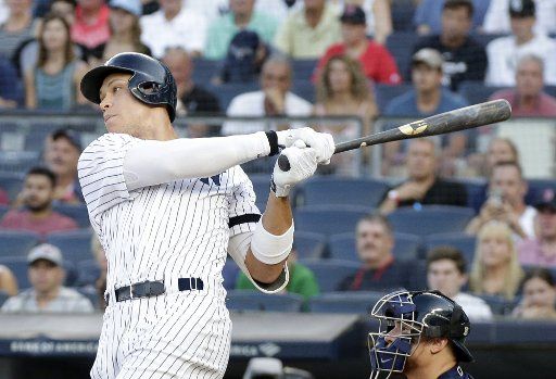 New York Yankees Aaron Judge hits a single in the first inning in game two of a Doubleheader against the Boston Red Sox at Yankee Stadium in New York City on Saturday, August 3, 2019. Photo by John Angelillo\/