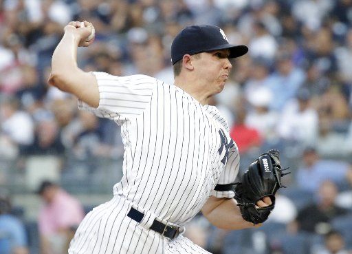 New York Yankees starting pitcher Chad Green throws a pitch in the first inning in game two of a Doubleheader against the Boston Red Sox at Yankee Stadium in New York City on Saturday, August 3, 2019. Photo by John Angelillo\/