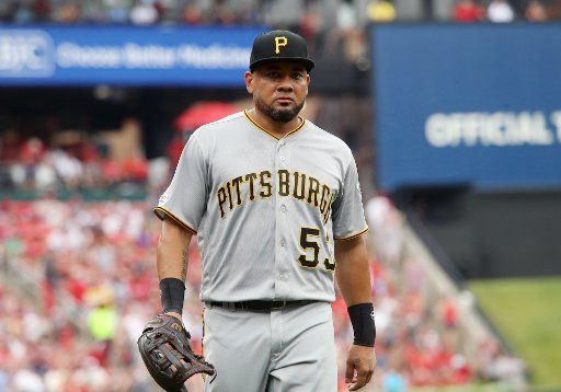 Pittsburgh Pirates Melky Cabrera runs in from left field in the third inning against the St. Louis Cardinals at Busch Stadium in St. Louis on Sunday, August 11, 2019. Photo by Bill Greenblatt\/