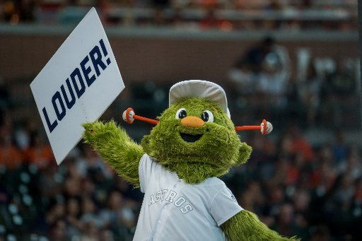 Houston Astros mascot Orbit fires up the crowd in the 7th inning of a game against the Los Angeles Angels at Minute Maid Park in Houston on Sunday, August 25, 2019. Photo by Trask Smith\/