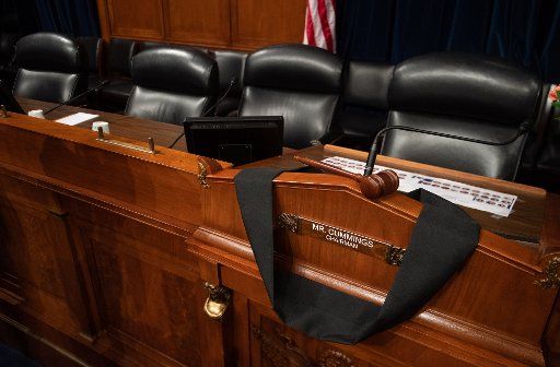 Black bunting is displayed at Chairman Rep. Elijah Cummings, D-MD, seat in the House Committee on Oversight and Government Reform hearing room on Capitol Hill in Washington, DC on Thursday, October 17, 2019. Cummings died early this morning at the age of 68 following longterm health issues. Photo by Kevin Dietsch\/
