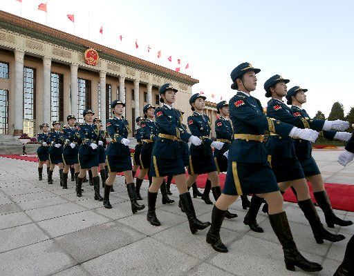 Chinese soldiers prepare to perform military honor guard duties for a welcoming ceremony at the Great Hall of the People in Beijing on Friday, October 25, 2019. China\