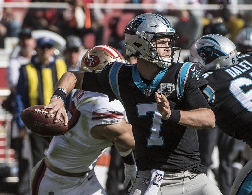 Carolina Panthers quarterback Kyle Allen (7) passes in the second quarter against the San Francisco 49ers at Levi\