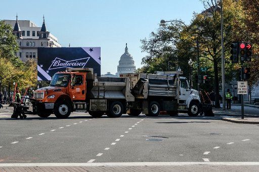 Trucks parked for security purposes along Pennsylvania Avenue are seen along the parade route of the Washington Nationals after they won the World Series, in Washington, DC on Saturday November 2, 2019. Photo by Alex Wroblewski\/