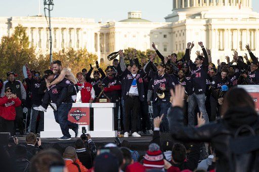 Washington Nationals celebrate on stage after winning their first World Series over the Houston Astros with a 6-2 win Wednesday in Washington, DC on Saturday, November 2, 2019. Photo by Ken Cedeno\/