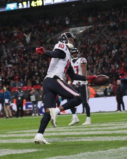 Houston Texans Wide Receiver DeAndre Hopkins celebrates a touchdown in the match against the Jacksonville Jaguars in the NFL London Series in London on Sunday, November 03, 2019.Houston Texans beat the Jacksonville Jaguars 26-3. Photo by Hugo Philpott\/