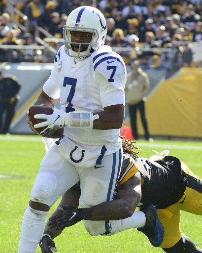Pittsburgh Steelers outside linebacker Bud Dupree (48) sacks Indianapolis Colts quarterback Jacoby Brissett (7) for a lost of four yards at Heinz Field in Pittsburgh on Sunday, November 3, 2019. Photo by Archie Carpenter\/
