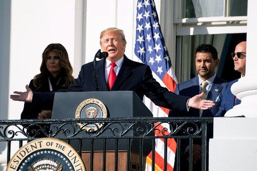 President Donald Trump speaks as he welcomes the 2019 World Series champion Washington Nationals to the White House in Washington, DC on Monday, November 4, 2019. Photo by Kevin Dietsch\/