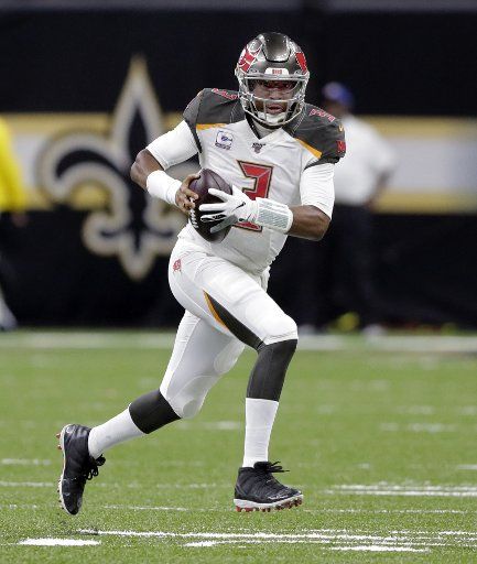 Tampa Bay Buccaneers quarterback Jameis Winston (3) scrabbles out of the pocket against the New Orleans Saints at the Louisiana Superdome in New Orleans on Sunday, October 6, 2019. Photo by AJ Sisco\/