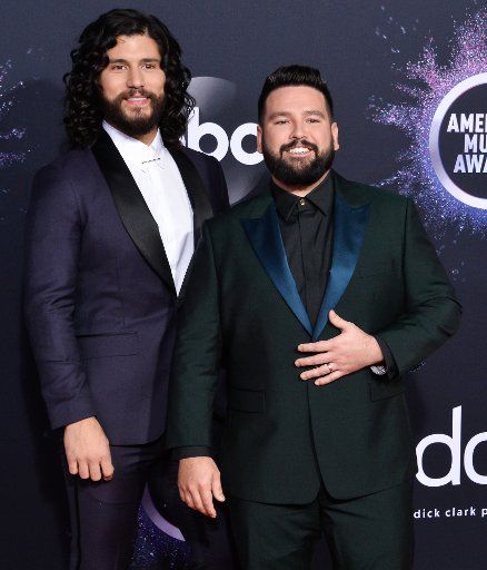 (L-R) Dan Smyers and Shay Mooney of Dan + Shay arrive for the 47th annual American Music Awards at the Microsoft Theater in Los Angeles on Sunday, November 24, 2019. Photo by Jim Ruymen\/