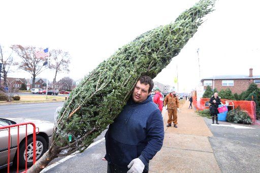 Worker Matt Favazza carries a 13-foot tree to a customers car on the first day of Christmas tree sales at Ted Drewes Tree lot in St. Louis on Friday, November 29, 2019. Photo by Bill Greenblatt\/