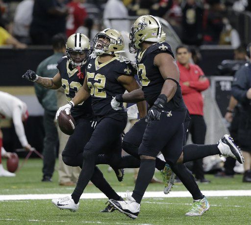 New Orleans Saints linebacker Craig Robertson (52) celebrate an interception against the San Francisco 49ers at the Mercedes-Benz Superdome in New Orleans on Sunday, December 8, 2019. Photo by AJ Sisco\/