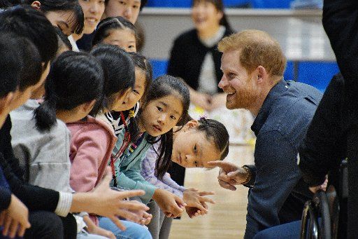 Prince Harry, HRH Duke of Sussex, talks with students during the Boccia training session at the Para Arena in Tokyo, Japan, on Saturday, November 2, 2019. On a trip to the Warrior Games in the USA in 2013, HRH The Duke of Sussex saw first-hand how the power of sport can help physically, psychologically, and socially those suffering from injuries and illness. He was inspired by his visit and created the "Invictus Games Foundation" use the power of sport to inspire recovery, support rehabilitation in 2014. Photo by Mori Keizo\/
