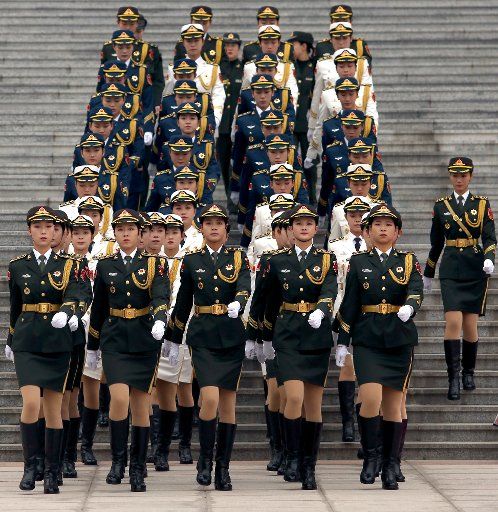 Chinese soldiers prepare to perform military honor guard duties for a welcoming ceremony at the Great Hall of the People in Beijing on Wednesday, November 6, 2019. China\