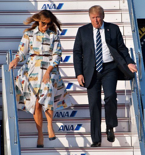 U.S. President Donald Trump and First Lady Melania arrive at Tokyo International Airport in Tokyo, Japan, on May 25, 2019. Photo by Keizo Mori\/