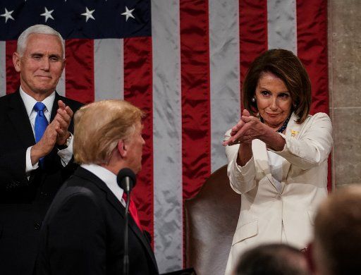 President Donald Trump delivers the State of the Union address, with Vice President Mike Pence and Speaker of the House Nancy Pelosi, at the Capitol in Washington, D.C., on February 5, 2019. Photo by Doug Mills\/