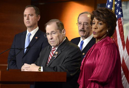 House Judiciary Committee Chairman Jerry Nadler of New York, (2nd, L), is joined by (L-R) Rep. Adam Schiff of California, Rep. Eliot Engel of New York and Rep. Maxine Waters of California to brief the press, on Capitol Hill, on June 11, 2019, in Washington, D.C. The House passed a resolution to allow House committees to go to court to enforce subpoenas on Trump administration officials to testify regarding the Mueller Report and other investigations. Photo by Mike Theiler\/