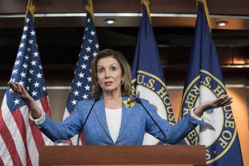 House Speaker Nancy Pelosi holds a press conference in the House Studio on Capitol Hill in Washington, D.C., on July 26, 2019. The California Democrat answered questions about her meeting with Rep. Alexandria Ocasio-Cortez, D-N.Y., and Wednesday\