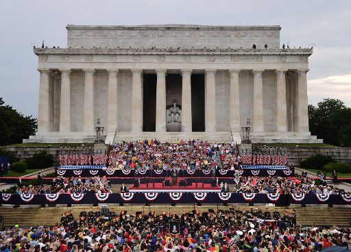 President Donald Trump speaks in front of the Lincoln Memorial during his "Salute to America" Independence Day event honoring the military, on July 4, 2019, in Washington, D.C. Trump is speaking prior to the annual Independence Day firework display. Photo by Kevin Dietsch\/