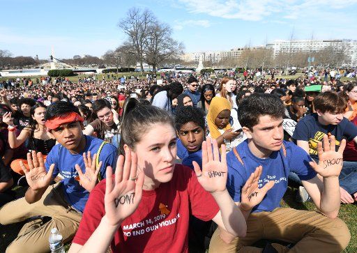 Students from the Washington, D.C. area stage a walkout and march in protest of gun violence in Washington, D.C., on March 14, 2019. The group rallied at the White House before marching on the Capitol. Photo by Pat Benic\/