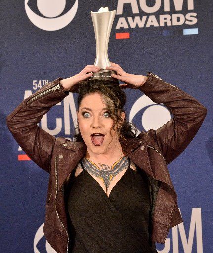 Ashley McBryde, winner of the award for New Female Artist of the Year, appears backstage at the 54th annual Academy of Country Music Awards held at the MGM Grand Garden Arena in Las Vegas, Nevada on April 7, 2019. Photo by Jim Ruymen\/