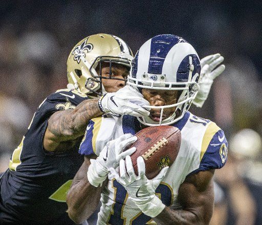 Los Angeles Rams wide receiver Brandin Cooks (12) makes a 36-yard reception at the end of the first half to set up the Rams first touchdown against the New Orleans Saints in the NFC Championship at the Mercedes-Benz Superdome in New Orleans on January 20, 2019. Photo by Mark Wallheiser\/