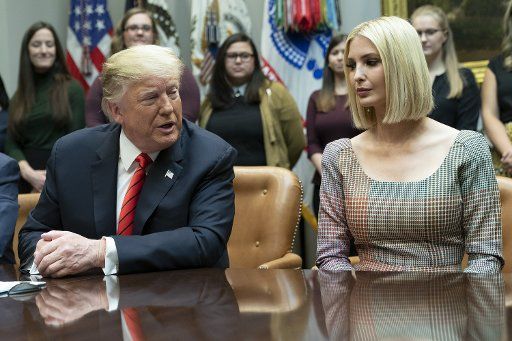 President Donald Trump, joined by his daughter and advisor Ivanka Trump, speaks on a conference call with NASA astronauts Jessica Meir and Christina Koch aboard the International Space Station, from the White House in Washington, D.C., on Friday, October 18, 2019. The two astronauts conducted the first all-female spacewalk outside of the International Space Station. Pool photo by Chris Kleponis\/