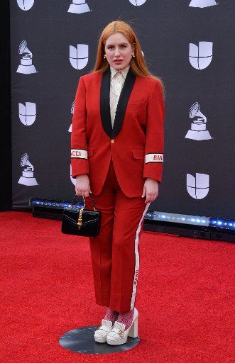 Singer Victoria Kuhne arrives on the red carpet for the 20th annual Latin Grammy Awards honoring Columbian singer Juanes at the MGM Grand Convention Center in Las Vegas, Nevada on Thursday, November 14, 2019. Photo by Jim Ruymen\/