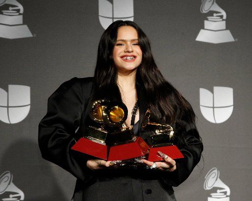 Rosalia appears backstage with the awards for best urban song "Con Altura", best contemporary pop vocal album and album of the year for "El Mal Querer" during the 20th annual Latin Grammy Awards at the MGM Garden Arena in Las Vegas, Nevada on Thursday, November 14, 2019. Photo by James Atoa\/