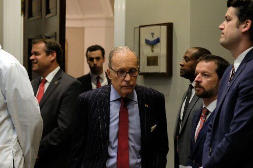 Larry Kudlow, Director of the United States National Economic Council, (center) walks out of the Oval Office before a press conference in the Roosevelt Room on November 15, 2019 at the White House in Washington, DC. Photo by Alex Wroblewski\/