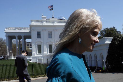 Counselor to the President Kellyanne Conway speaks with reporters on the driveway outside the West Wing of the White House in Washington on Thursday, March 26, 2020. Photo by Yuri Gripas\/