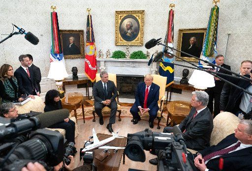 President Donald Trump (R) meets with Colombian President Ivan Duque Marquez, in the Oval Office at the White House in Washington, D.C. on March 2, 2020. Photo by Kevin Dietsch\/