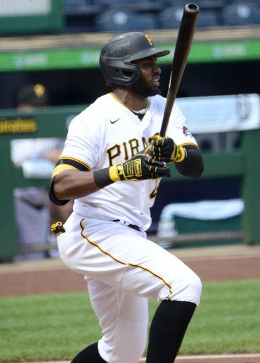 Pittsburgh Pirates right fielder Gregory Polanco (25) singles to leadoff the second inning and goes on to score against the Milwaukee Brewers at PNC Park on Sunday, August 23, 2020 in Pittsburgh. Photo by Archie Carpenter