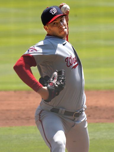 Washington Nationals starting pitcher Patrick Corbin throws to the Atlanta Braves during the first inning at Truist Park in Atlanta on Sunday, September 6, 2020. Photo by Tami Chappell