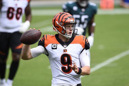Cincinnati Bengals quarterback Joe Burrow (9) throws the ball during the first half against the Philadelphia Eagles in week 3 of the NFL season at Lincoln Financial Field in Philadelphia on Sunday, September 27, 2020. Photo by Derik Hamilton