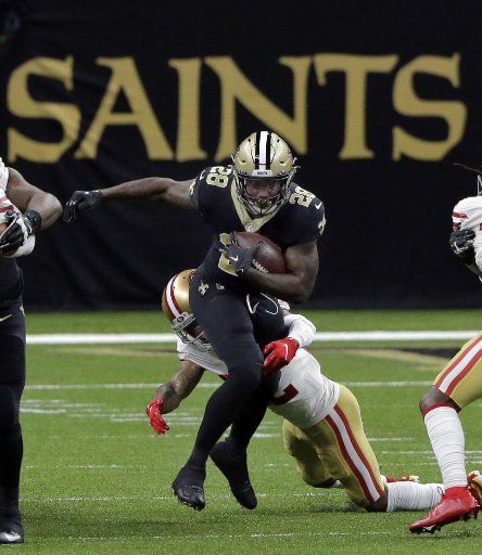 New Orleans Saints running back Latavius Murray (28) carries the ball against the San Francisco 49ers at the Louisiana Superdome in New Orleans on Sunday, November 15, 2020. Photo by AJ Sisco\/UPI