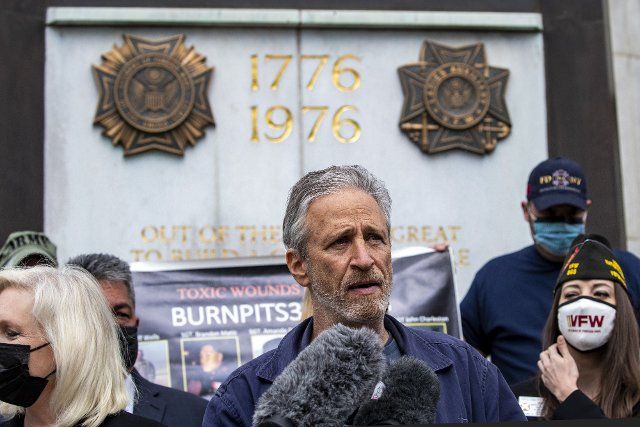 Comedian John Stewart speaks at a press conference on near the U.S Capitol in Washington, D.C. on Tuesday, April 13, 2021. Stewart is pushing for congress to help out troops who where exposed to toxic burn pits while in Afghanistan and Irag. Photo by Tasos Katopodis