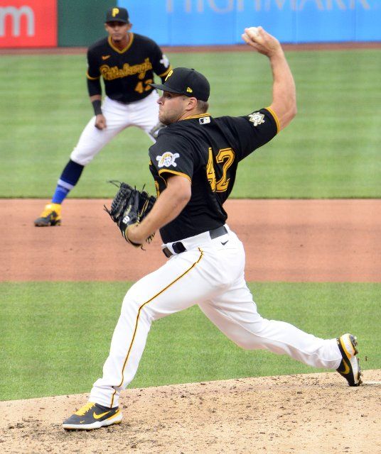 Pittsburgh Pirates relief pitcher David Bednar (51) throws in the ninth inning of the San Diego Padres 8-3 win at PNC Park on Thursday April 15, 2021 in Pittsburgh. Photo by Archie Carpenter