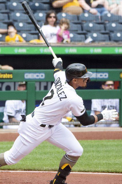 Pittsburgh Pirates second baseman Erik Gonzalez (2) singles in the second inning against San Francisco Giants at PNC Park on Sunday May 16, 2021 in Pittsburgh. Photo by Archie Carpenter