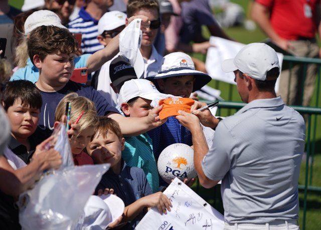 Rory McElroy signs autographs after a practice round before the 103rd PGA Championship at Kiawah Island Golf Resort Ocean Course on Kiawah Island, South Carolina on Wednesday, May 19, 2021. Photo by Richard Ellis