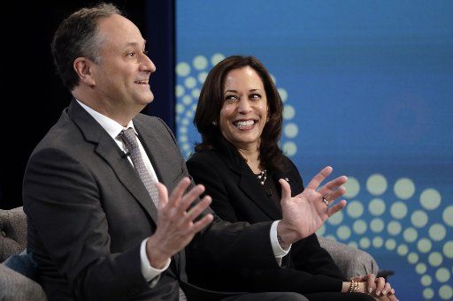 U.S. Vice President Kamala Harris and second gentleman Douglas Emhoff participate in the virtual Passover celebration in South Court Auditorium at the White House on Thirsday, March 25, 2021 in Washington, DC. Photo by Yuri Gripas