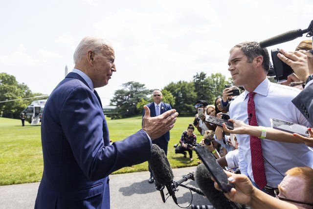 President Joe Biden speaks briefly with the media as he departs for a weekend in Cape David, at the White House in Washington, DC on Friday, July 16, 2021. Photo by Jim Lo Scalzo